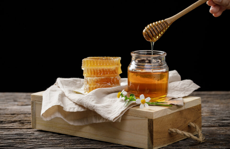 Pszczoła miodna w słoiku i plastrze miodu z czerpakiem miodu i kwiatem na drewnianym stole, produkty pszczele według koncepcji organicznych składników naturalnych, miejsce na tekst